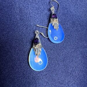 Earrings Opalite & Amethyst 925 Sterling Silver Dangle Drop Gemstone